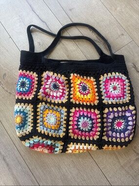 Handcrafted Crochet Granny Square Tote Bag in Multicolor and Black